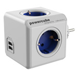 Pазветвитель Allocacoc PowerCube Original USB (220В, 4 розетки, 2 х USB, 2.1A, белый/синий)