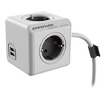 Удлинитель электрический Allocacoc PowerCube Extended USB (220В, 3 м, 4 розетки, 2 x USB, 2.1A, белый/серый)